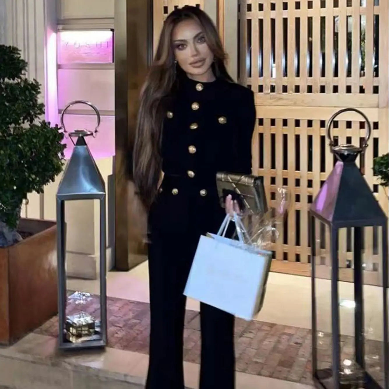 Women's Autumn Long Sleeve Gold Button Stretch Bandage Black Top Long Pants Casual Holiday Fashion Sets