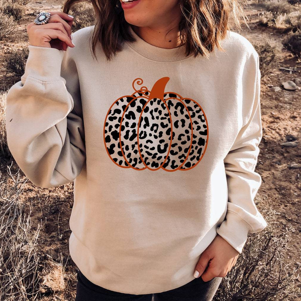 Halloween Printed Round Neck Long Sleeve Sweater Pumpkin