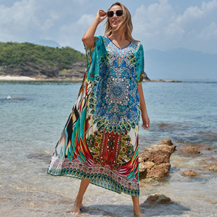 Polyester National Wind Positioning Printed Beach Smock Robe Type Sunscreen Shirt Holiday Dress Color1