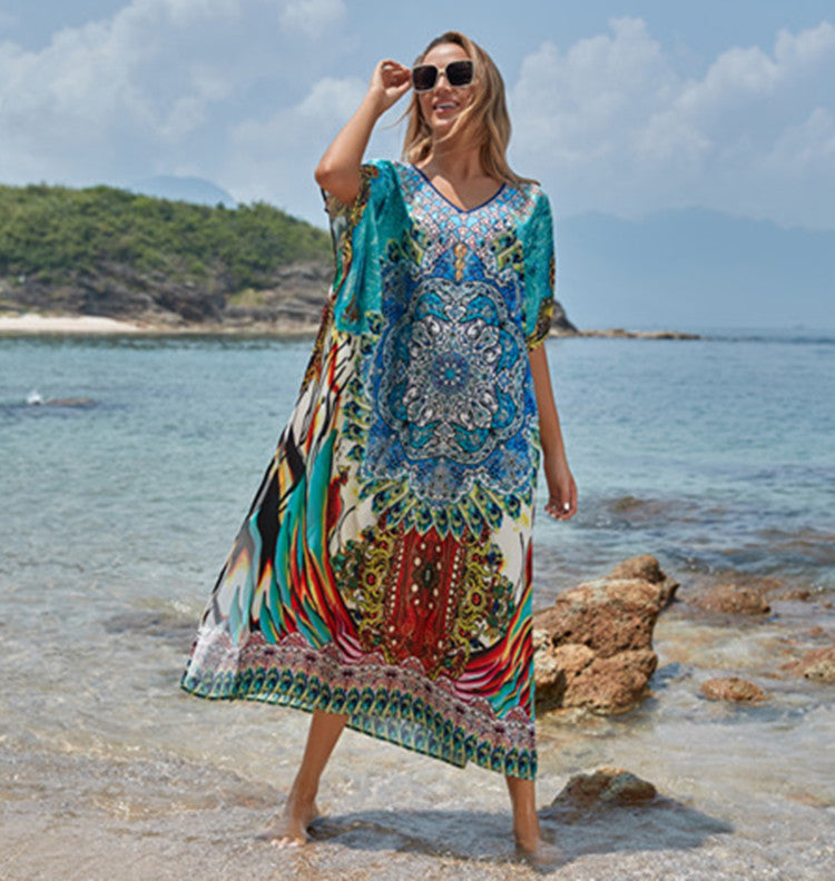 Polyester National Wind Positioning Printed Beach Smock Robe Type Sunscreen Shirt Holiday Dress Color1
