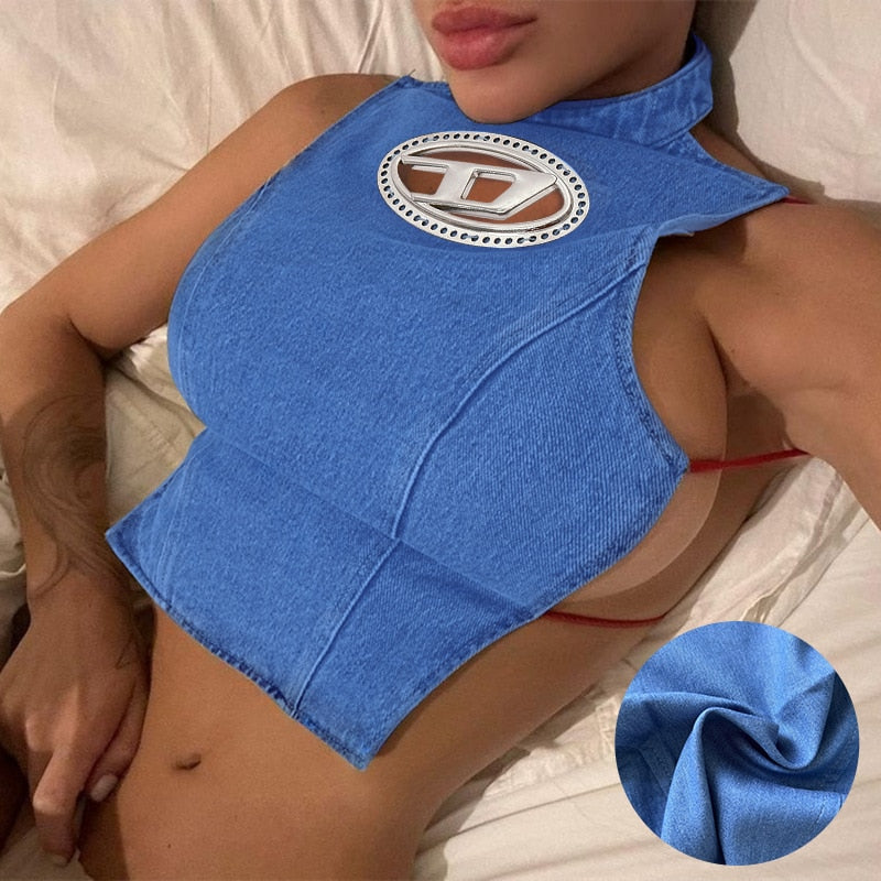 Y2k Women Blue Denim Slim Tank Top Backless Sexy Half-high Collar Crop Tops Lace-up Streetwear Irregular Corsets Vest 2023