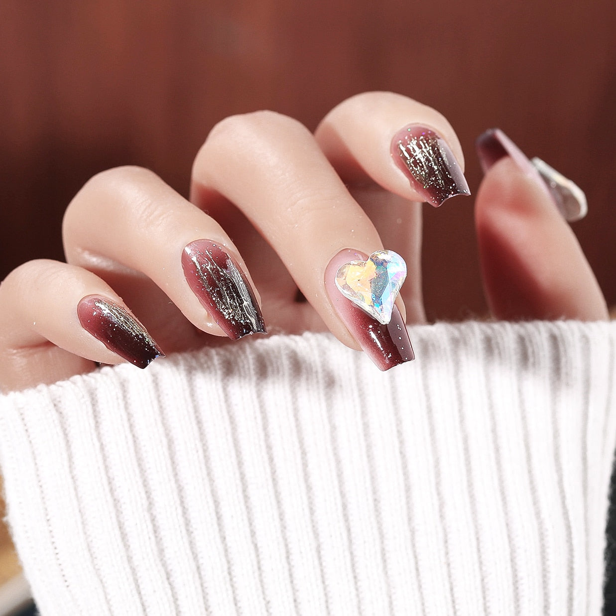 CNHIDS 24Pcs Charming Sparkling Purple Long Coffin False Nail Press On Nail Tips Girl Decoration Crystal Fake Nail With Design 10