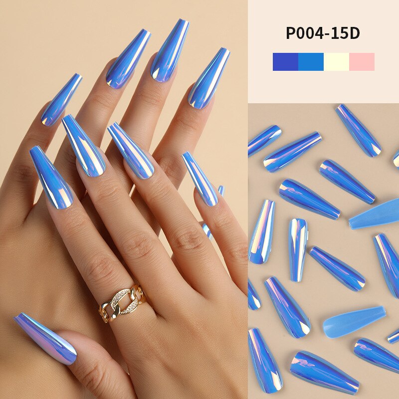 24Pcs/Box Ballerina Press on Nails Tips False Nail Art Full Cover Detachable Artificial Fake Nails Metal Mirror Powder Design 15