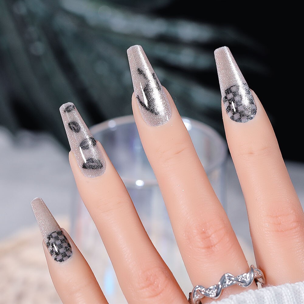 CNHIDS 24Pcs Charming Sparkling Purple Long Coffin False Nail Press On Nail Tips Girl Decoration Crystal Fake Nail With Design