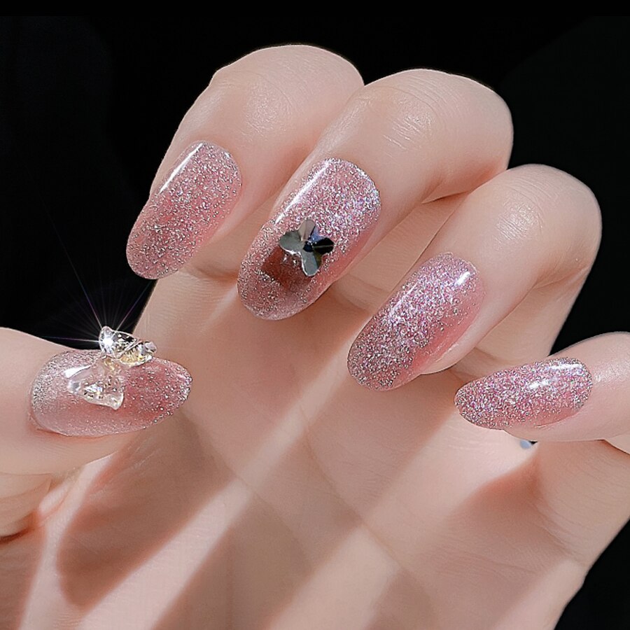 CNHIDS 24Pcs Charming Sparkling Purple Long Coffin False Nail Press On Nail Tips Girl Decoration Crystal Fake Nail With Design