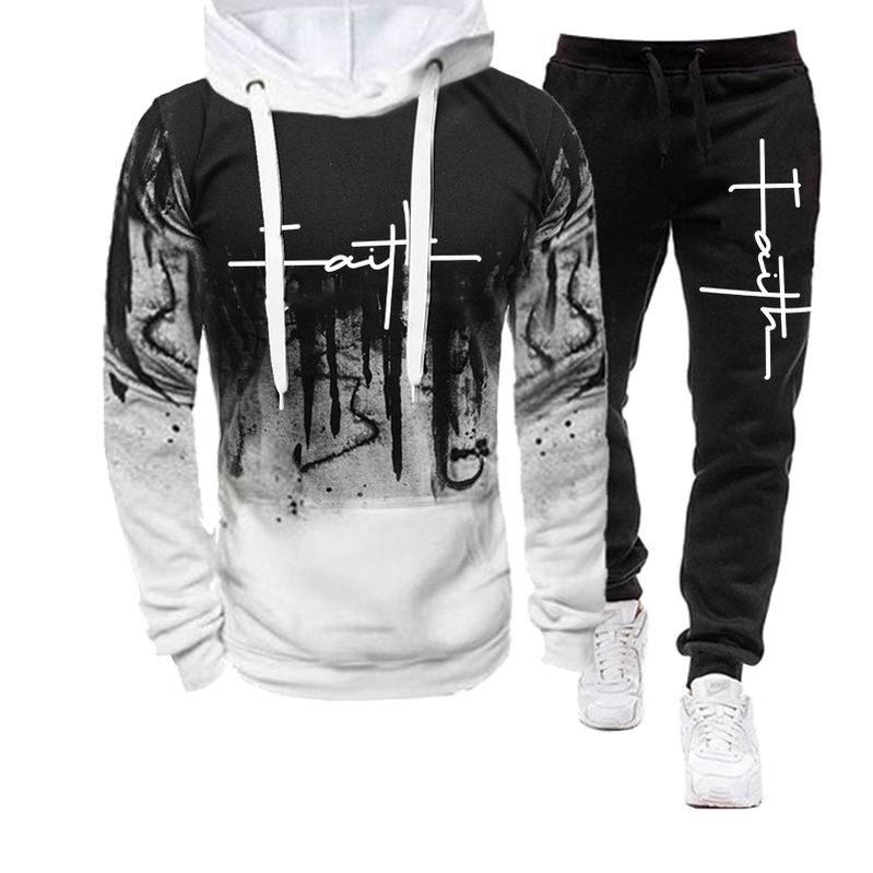 Fashion Faith Printed Autumn Men's Casual Tracksuit Men Sweatshirts and Sweatpants Two Pieces Sets Sportswear Plus Size Clothing white