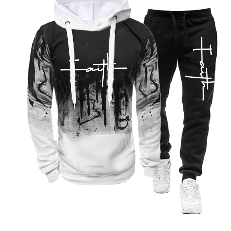 Fashion Faith Printed Autumn Men's Casual Tracksuit Men Sweatshirts and Sweatpants Two Pieces Sets Sportswear Plus Size Clothing white