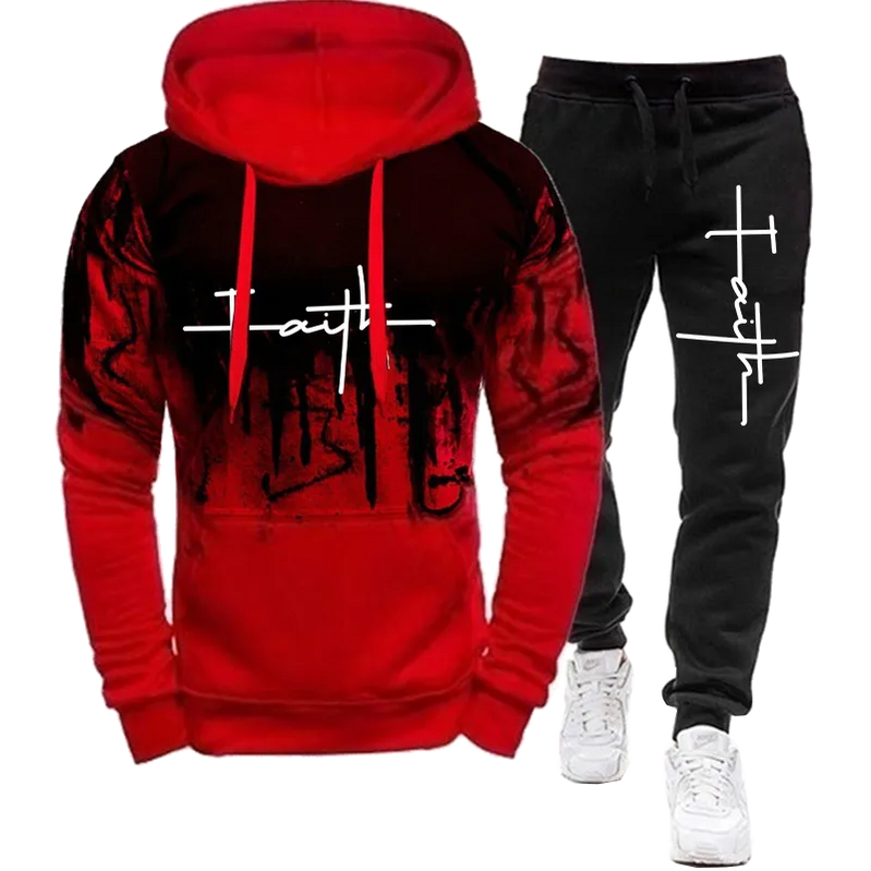 Fashion Faith Printed Autumn Men's Casual Tracksuit Men Sweatshirts and Sweatpants Two Pieces Sets Sportswear Plus Size Clothing red