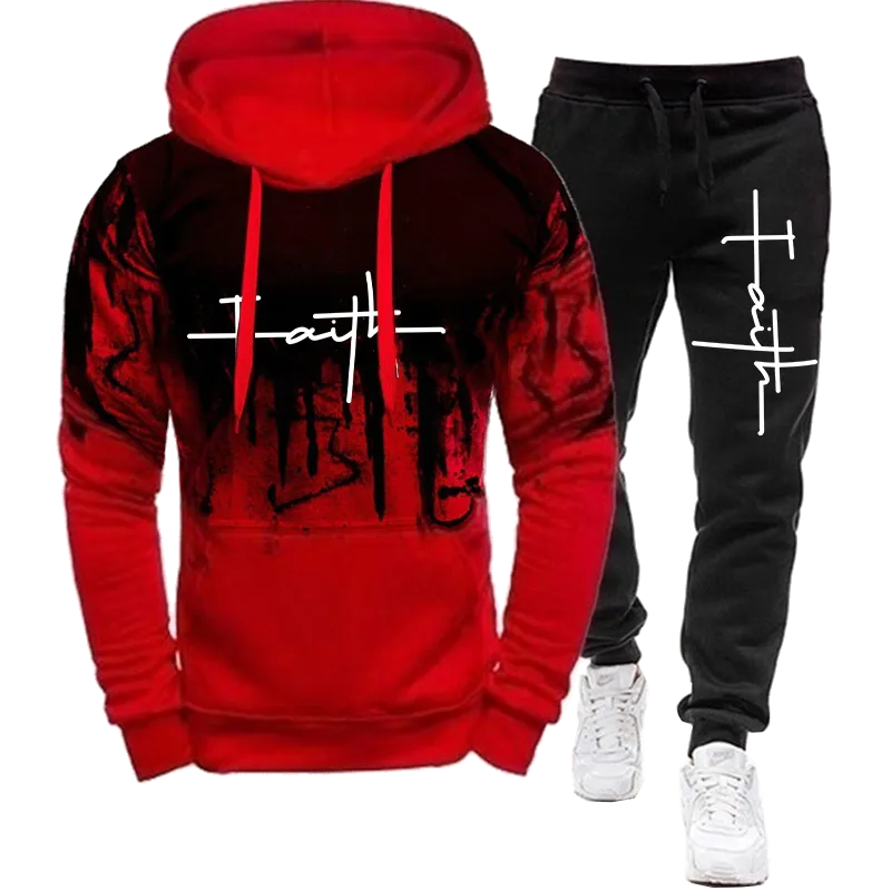 Fashion Faith Printed Autumn Men's Casual Tracksuit Men Sweatshirts and Sweatpants Two Pieces Sets Sportswear Plus Size Clothing red