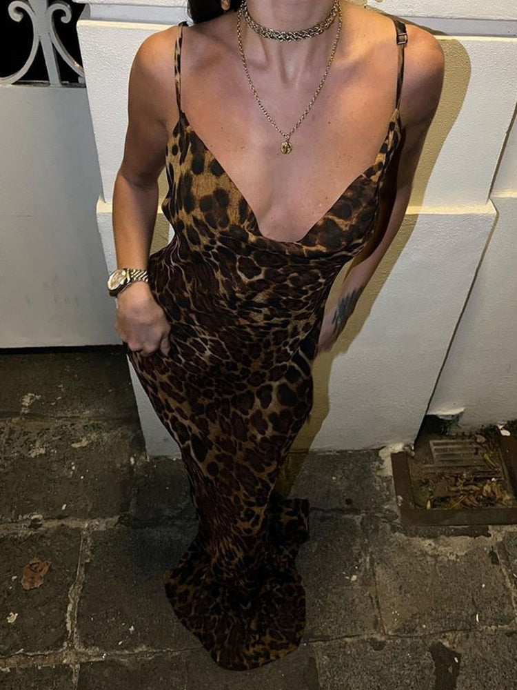 Leopard Print V-Neck Sexy Bodycon Long Dress Women Lace Up Backless Summer Dresses Female Straps Party Beach Vestidos