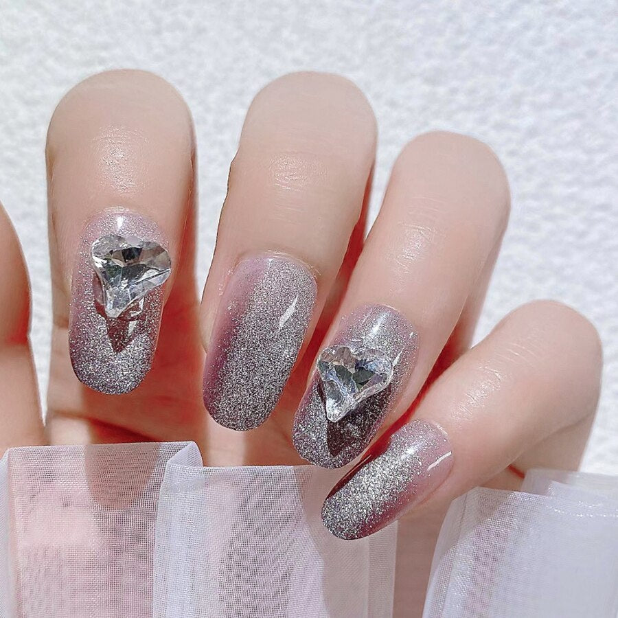 CNHIDS 24Pcs Charming Sparkling Purple Long Coffin False Nail Press On Nail Tips Girl Decoration Crystal Fake Nail With Design