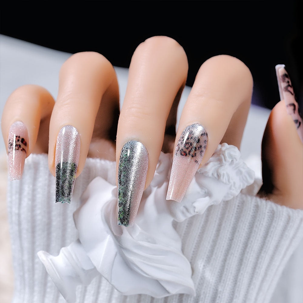 CNHIDS 24Pcs Charming Sparkling Purple Long Coffin False Nail Press On Nail Tips Girl Decoration Crystal Fake Nail With Design 4