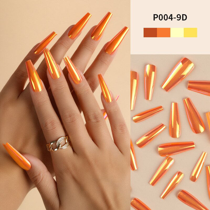 24Pcs/Box Ballerina Press on Nails Tips False Nail Art Full Cover Detachable Artificial Fake Nails Metal Mirror Powder Design 9