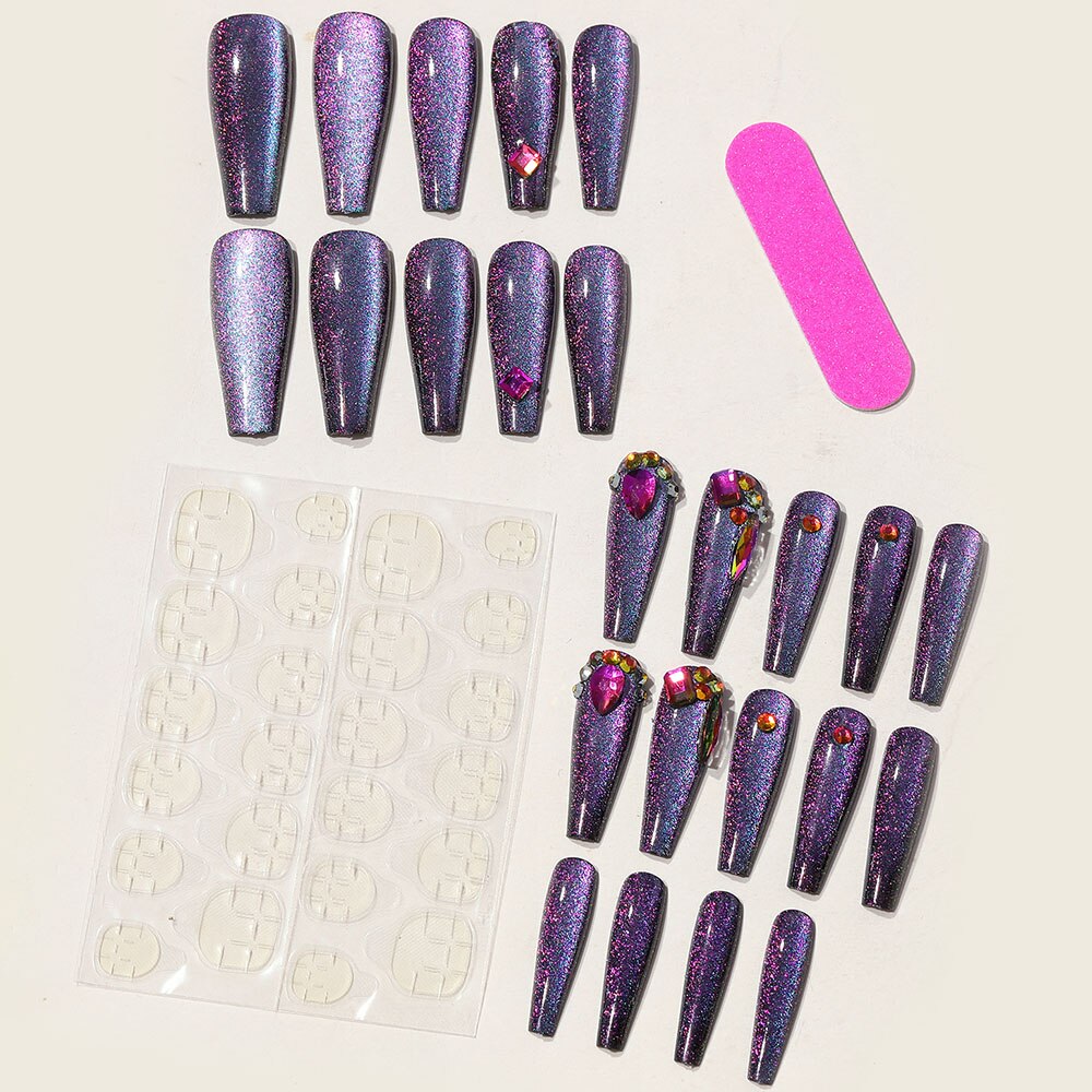 CNHIDS 24Pcs Charming Sparkling Purple Long Coffin False Nail Press On Nail Tips Girl Decoration Crystal Fake Nail With Design