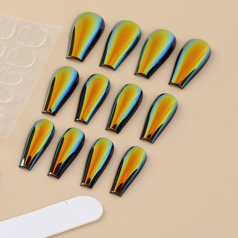 24Pcs/Box Ballerina Press on Nails Tips False Nail Art Full Cover Detachable Artificial Fake Nails Metal Mirror Powder Design