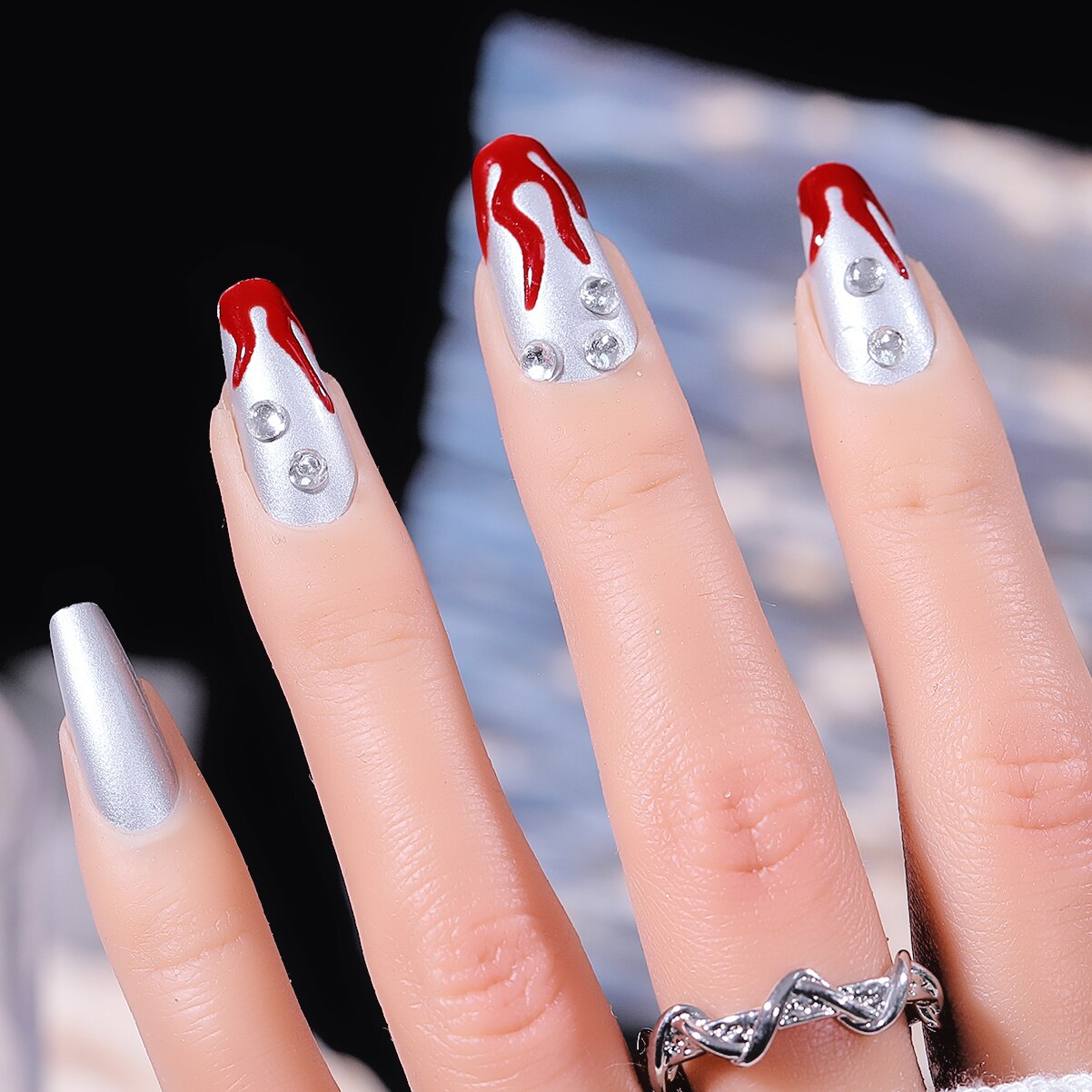 CNHIDS 24Pcs Charming Sparkling Purple Long Coffin False Nail Press On Nail Tips Girl Decoration Crystal Fake Nail With Design
