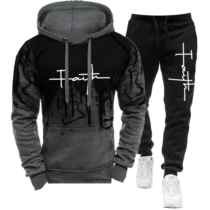 Fashion Faith Printed Autumn Men's Casual Tracksuit Men Sweatshirts and Sweatpants Two Pieces Sets Sportswear Plus Size Clothing grey