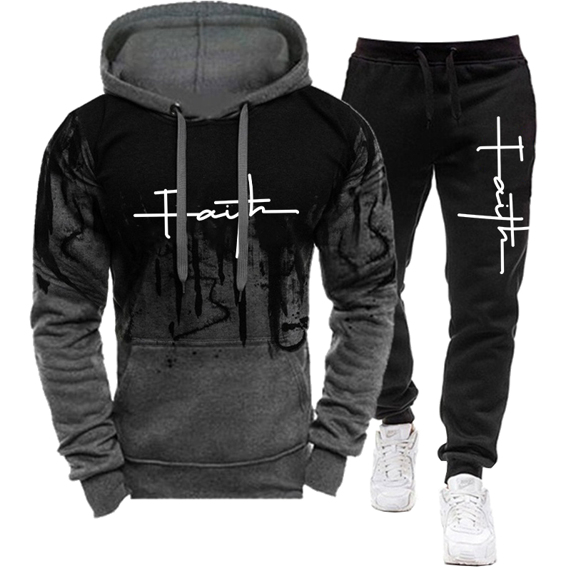 Fashion Faith Printed Autumn Men's Casual Tracksuit Men Sweatshirts and Sweatpants Two Pieces Sets Sportswear Plus Size Clothing grey