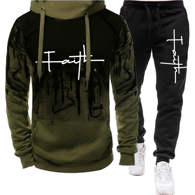 Fashion Faith Printed Autumn Men's Casual Tracksuit Men Sweatshirts and Sweatpants Two Pieces Sets Sportswear Plus Size Clothing army green
