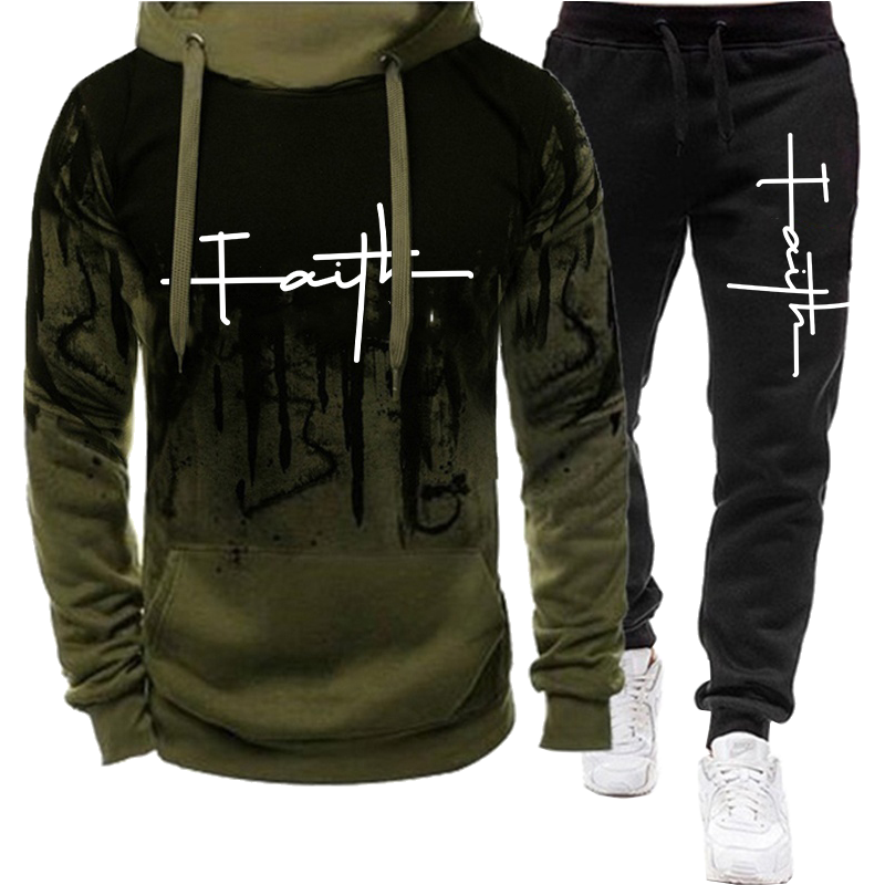 Fashion Faith Printed Autumn Men's Casual Tracksuit Men Sweatshirts and Sweatpants Two Pieces Sets Sportswear Plus Size Clothing army green