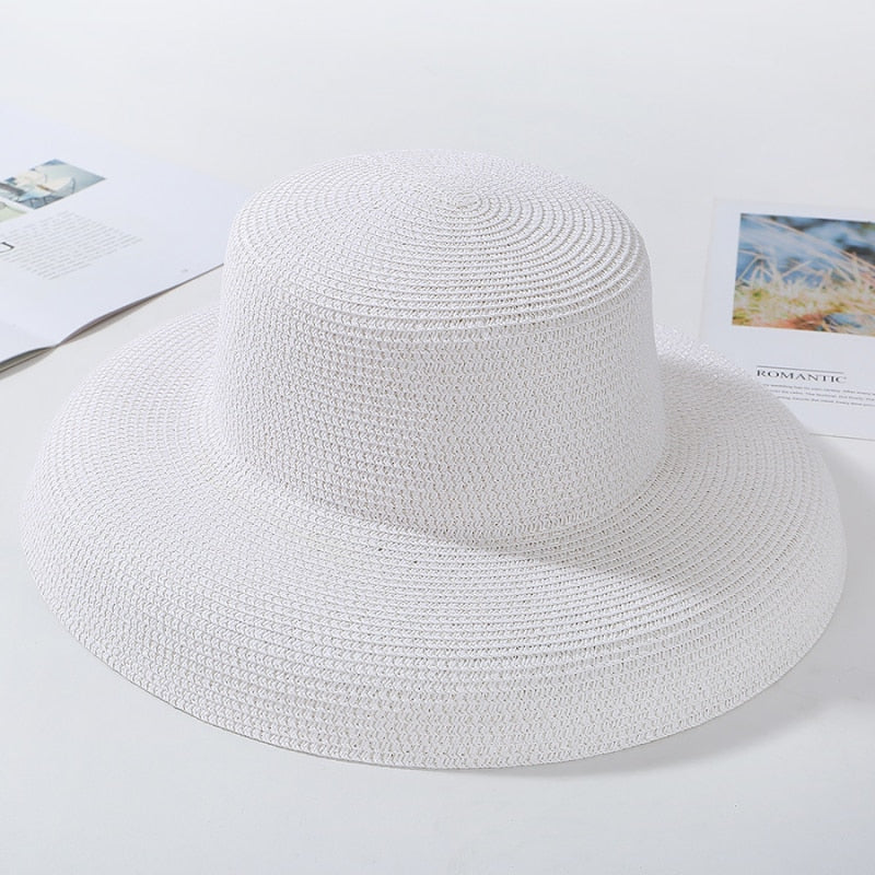 HT2303 New Summer Sun Hats Ladies Solid Plain Elegant Wide Brim Hat Female Round Top Panama Floppy Straw Beach Hat Women White
