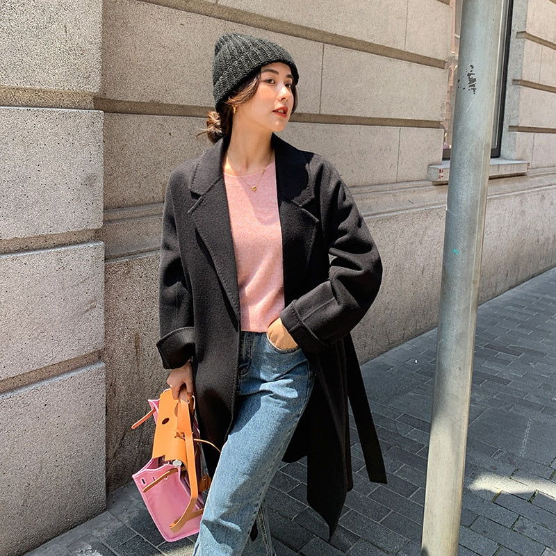 Classic Model 100% Real Wool Long Warp Overcoat Belt Turn-down Collar Dense Fabric Narrow Notch Lapel Coat Women Fall Winter