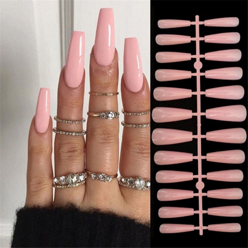 Pink False Nails With Small Flower Design Detachable Long Coffin French Ballerina Fake Nails Full Cover Nail Tips Press On Nails only fake nails