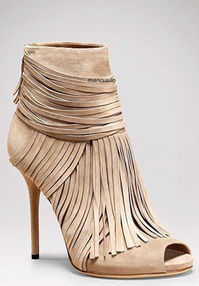 Awesome Beige Suede Fringe Thin High Heel Ankle Boots Women Classy Peep Toe Tassel Stiletto Heel Sandal Booties New Arrival as pic 2