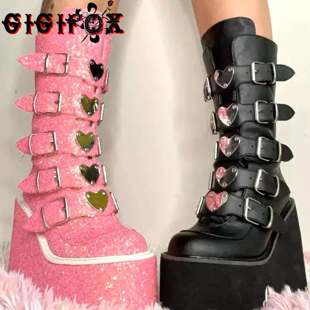 GIGIFOX Brand New Big Size 43 Black Pink Goth Cool Punk Motorcycle Boots Platform Wedges High Heels Chunky Boots Women Shoes