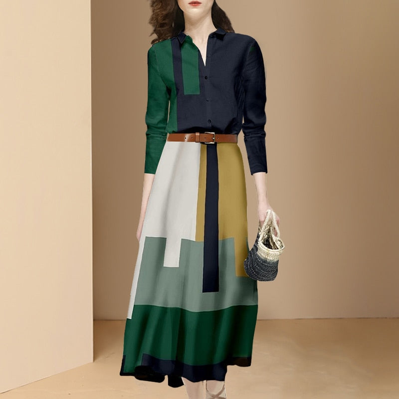 New Fashion Office Suits Women Spring Fall Long Sleeve Hit Color Shirts Top High Waist Midi A-Line Belt Slim Skirt Two Piece Set