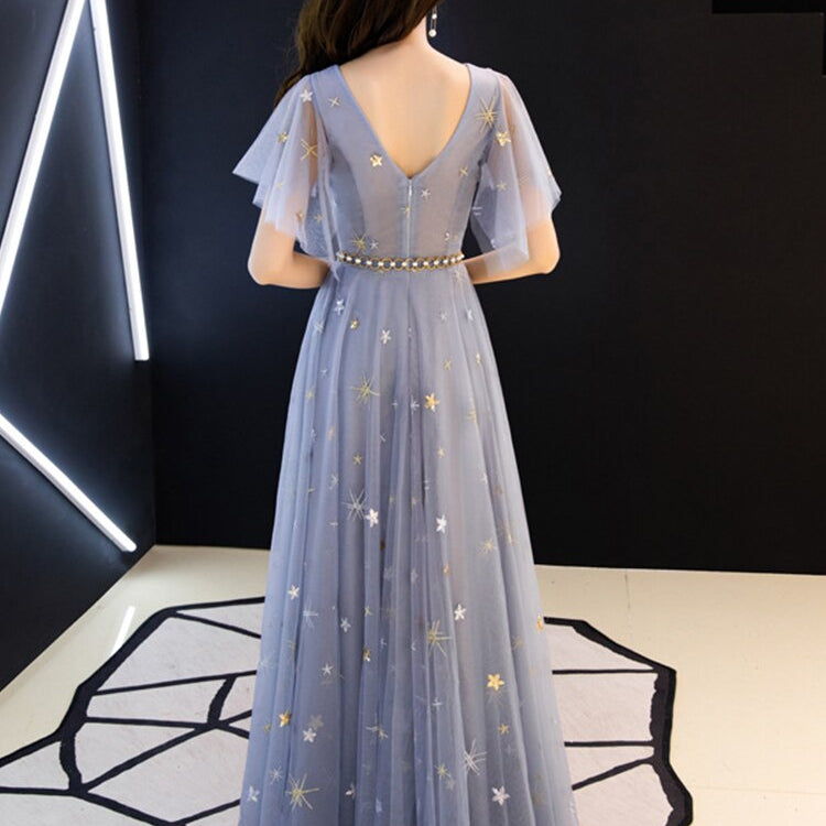 Duble V-neck Homecoming Dress Haze Blue Ruffles Sleeve Stars Sequins Tulle Long Prom Robe A-line Elegant Formal Party Dress