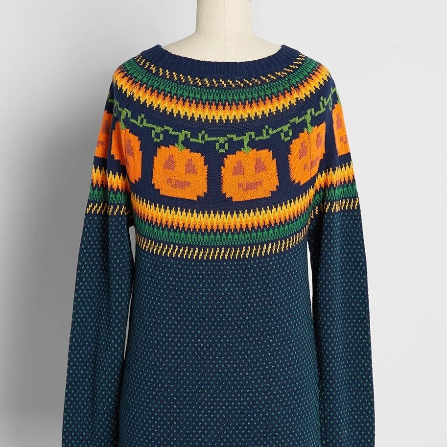 Gothic Pumpkin Pattern Sweater Grunge Aesthetic Women Knit Top Halloween Party Loose Long Sleeves Warm Girl Pullover Steampunk Green One Size