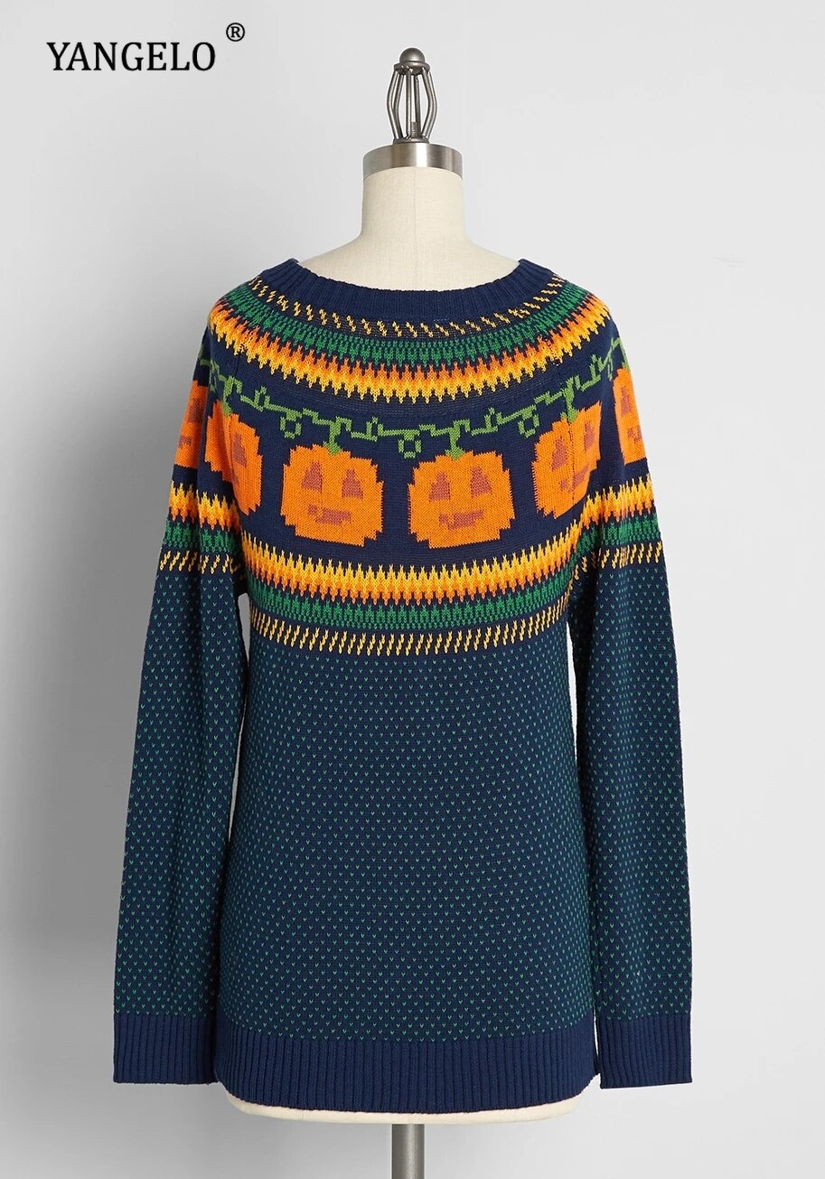 Gothic Pumpkin Pattern Sweater Grunge Aesthetic Women Knit Top Halloween Party Loose Long Sleeves Warm Girl Pullover Steampunk Green One Size