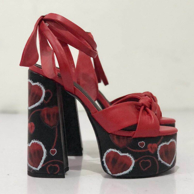 Women Sandals Summer Shoes Sexy Thick High Heels Platform 10 colors Dress Party Wedding Shoes Woman Pumps Bow love heels Red heart