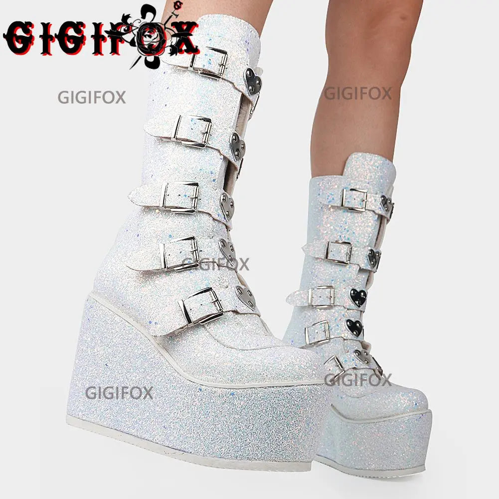 GIGIFOX Brand New Big Size 43 Black Pink Goth Cool Punk Motorcycle Boots Platform Wedges High Heels Chunky Boots Women Shoes White