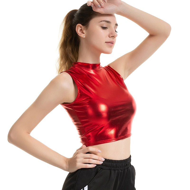 Women Crop Top Shiny Material Leather Sleeveless Vest Sports Tank Tops Gold Silver Shining Colorful Green Red Clothes