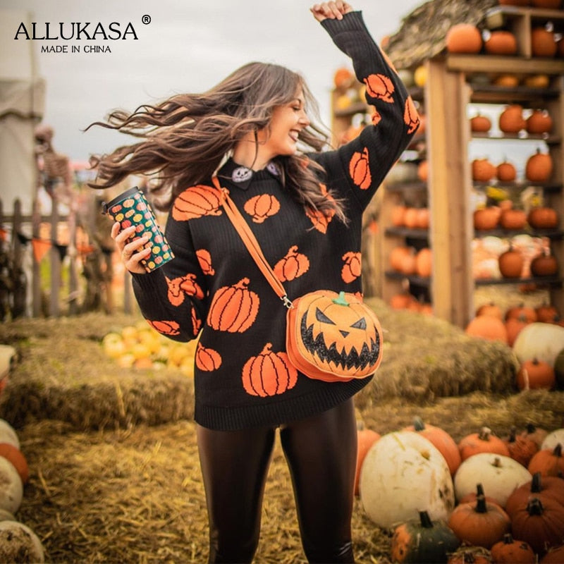 Gothic black pumpkin cartoon print ladies sweater autumn O-neck long-sleeved loose women's pullover loose Halloween party top