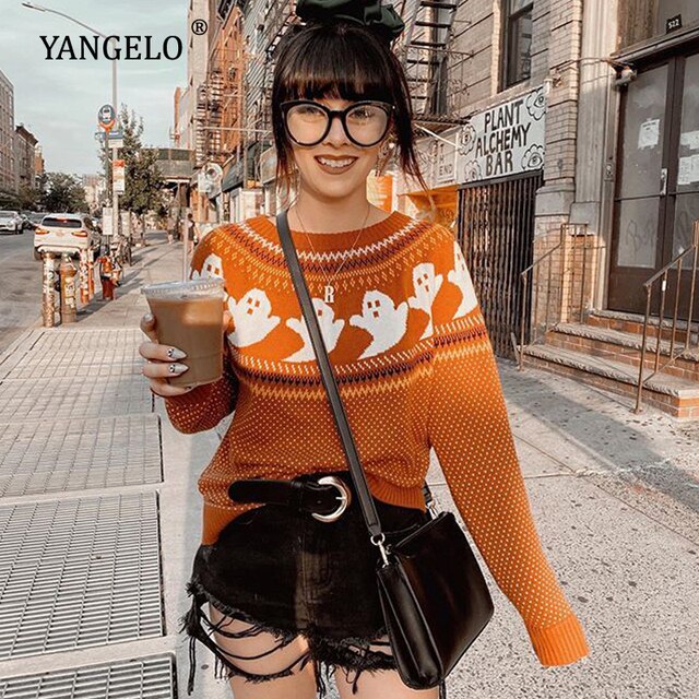 Y2k Sweaters Women Halloween's Clothes Gothic Ghost Knitted Pullover for Autumn Winter Purple Streetwear Girl's Top Orange One Size