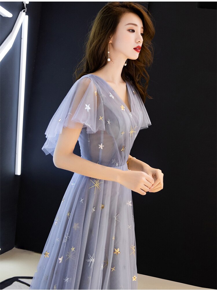 Duble V-neck Homecoming Dress Haze Blue Ruffles Sleeve Stars Sequins Tulle Long Prom Robe A-line Elegant Formal Party Dress