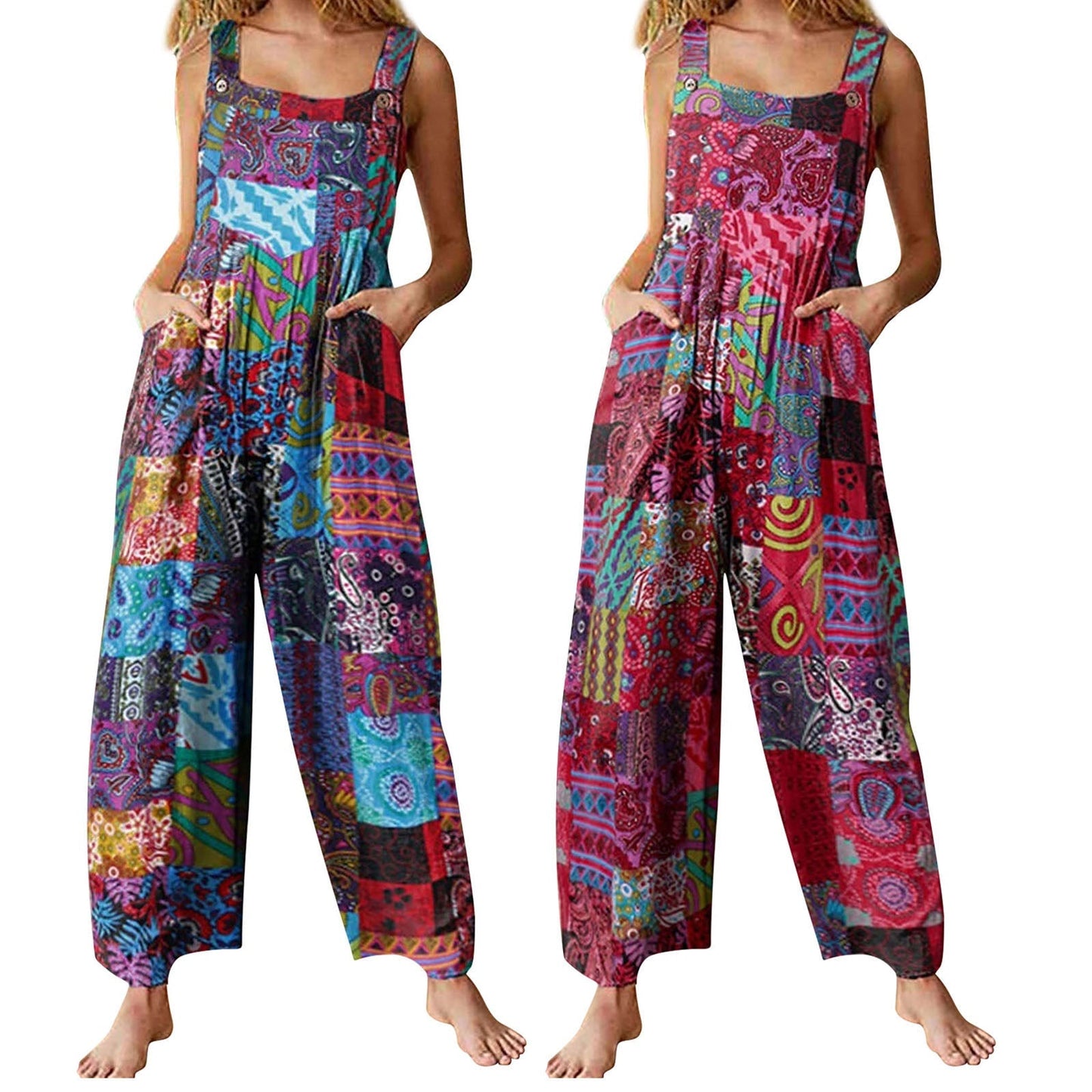 Women Ethnic Style Jumpsuits Summer Overalls Multicolor Square Neck Sleeveless Casual Rompers with Pockets for Girls Playsuit