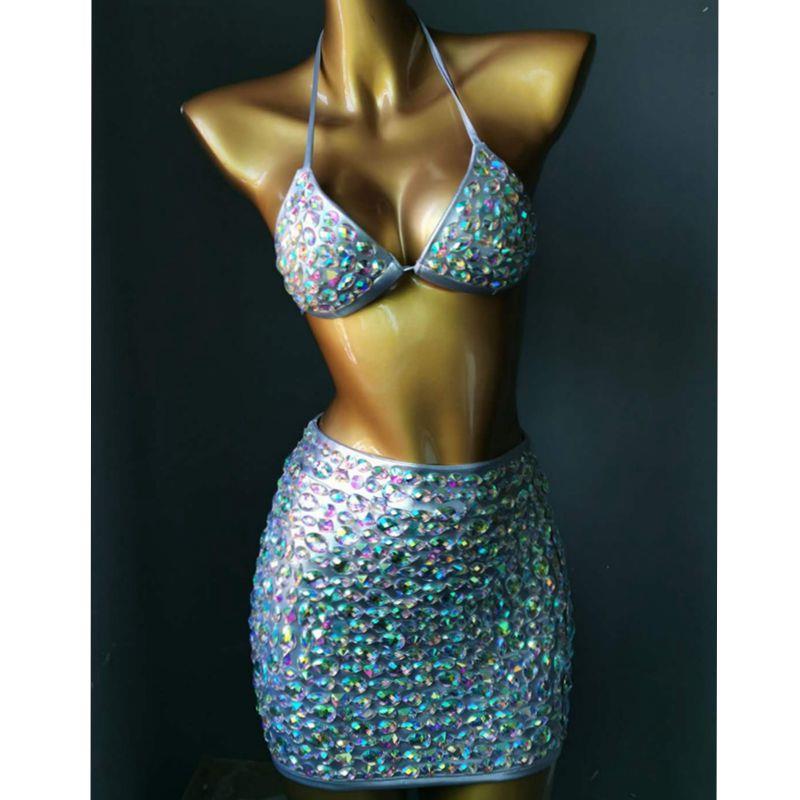 Rhinestone Tassels Women Skirt High-End Customized Diamond Evening Dress Manual Stitched Crystal Party Bikini Set
