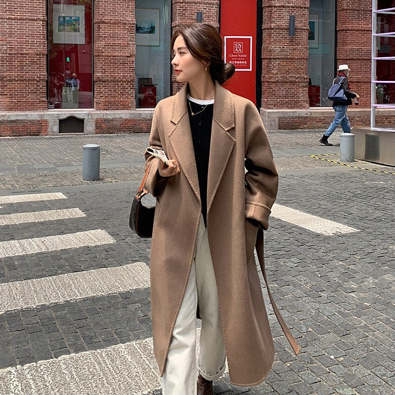 Classic Model 100% Real Wool Long Warp Overcoat Belt Turn-down Collar Dense Fabric Narrow Notch Lapel Coat Women Fall Winter