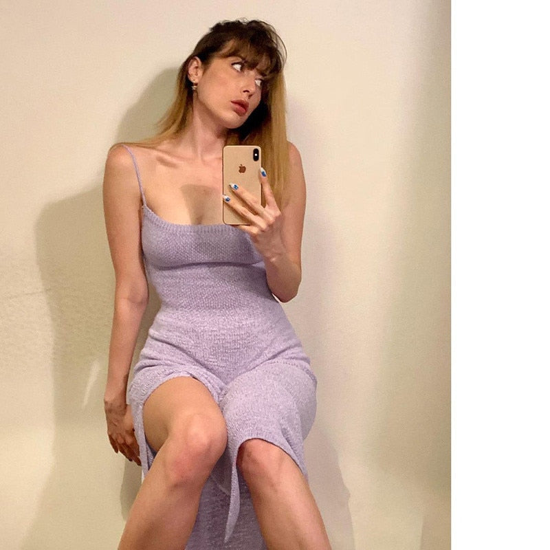 Sexy Beachwear Holiday Winter Knitted Sweater Dress Women Spaghetti Strap Strapless Backless Lace Up Dresses Female Beach Robes Purple