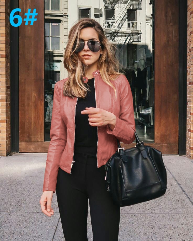 Women Bike Coat PU Leather Outwear Zipper Outfit Spring Autumn WomeFashion Short Thin Female Jacket