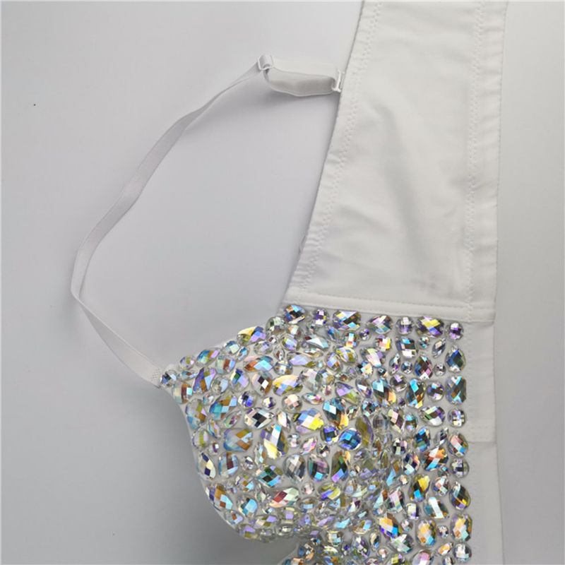 Women AB Colored Rhinestone Bustier Crop Top Spaghetti Strap Push Up Corset Vest
