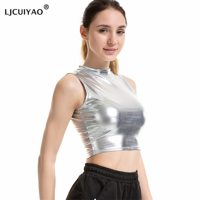 Women Crop Top Shiny Material Leather Sleeveless Vest Sports Tank Tops Gold Silver Shining Colorful Green Red Clothes