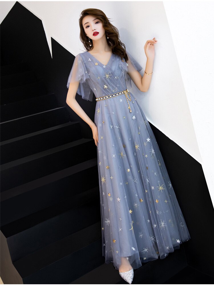 Duble V-neck Homecoming Dress Haze Blue Ruffles Sleeve Stars Sequins Tulle Long Prom Robe A-line Elegant Formal Party Dress