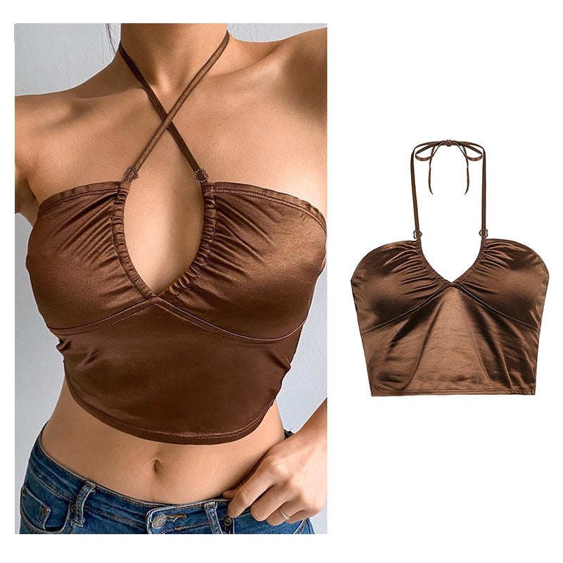 Vintage Brown Halter Camisole Hollow Out Cyber Y2k Crop Top Women Gothic Sexy Aesthetic Fairy Corset Tank Camis 90s Clothes nz7004-1