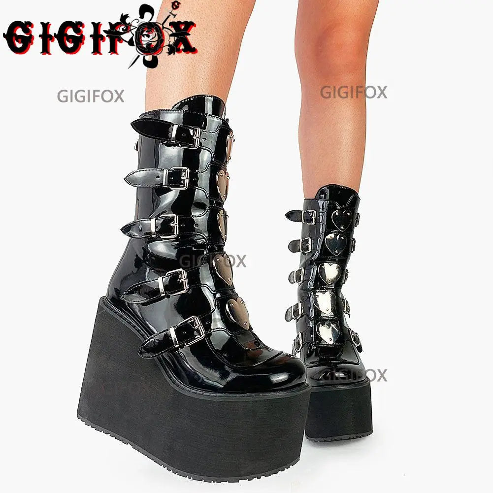 GIGIFOX Brand New Big Size 43 Black Pink Goth Cool Punk Motorcycle Boots Platform Wedges High Heels Chunky Boots Women Shoes black patent