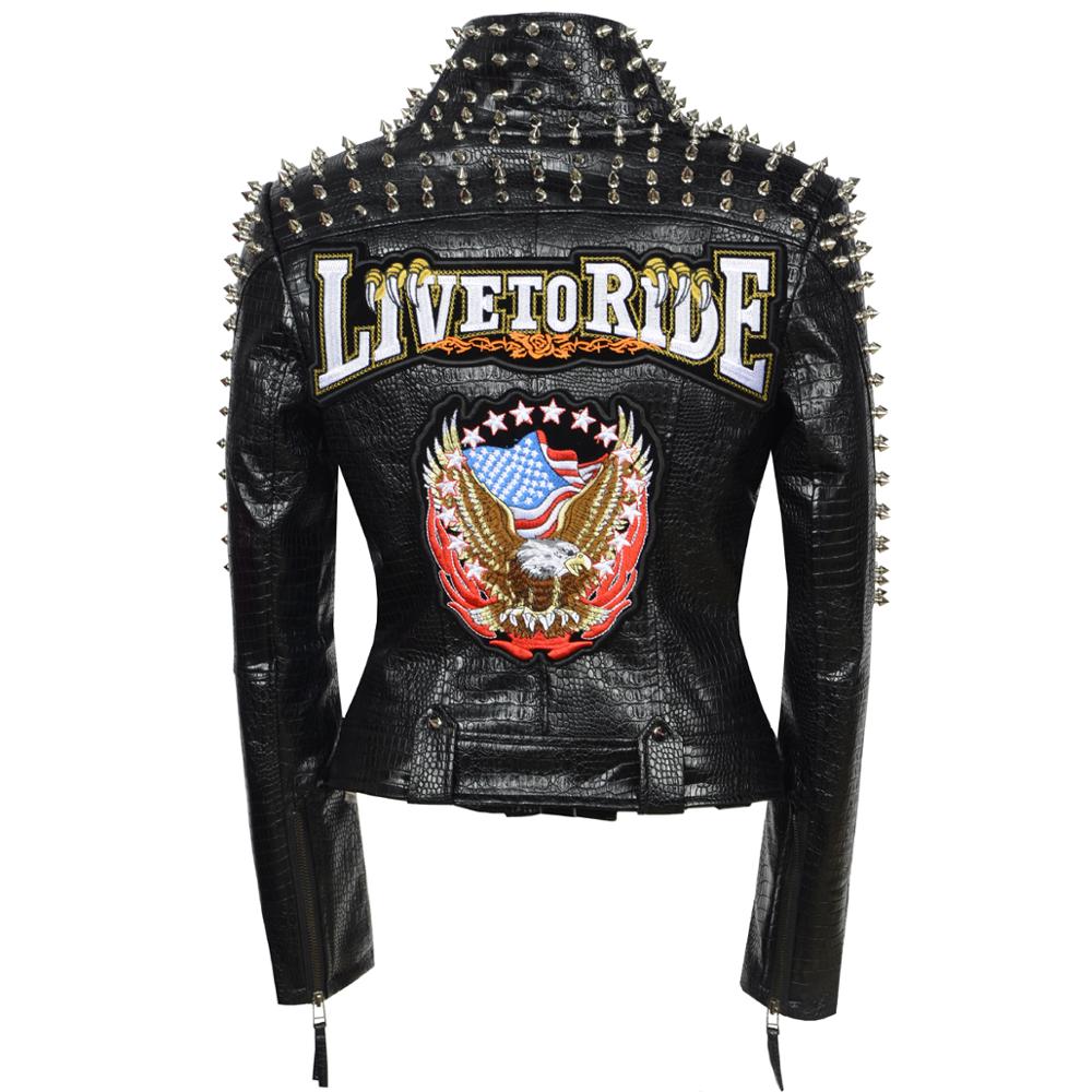 SX Occident Fashion women Club hot style Stud slim fit jacket shoulder rivets zip stitching short PU leather rock coat ying5